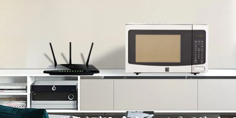 How far should the router be from the microwave?